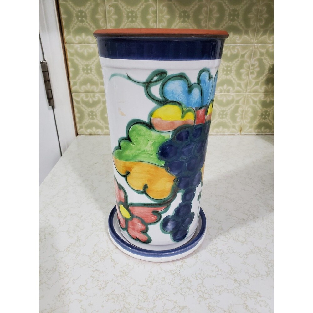 Vintage Signed Celina Pottery Wine Cooler Hand Painted Portugal Clay w Coaster
